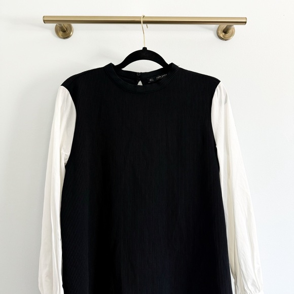 Zara Basic Collection Black Ribbed Dress Contrasting White Sleeves - Picture 5 of 8